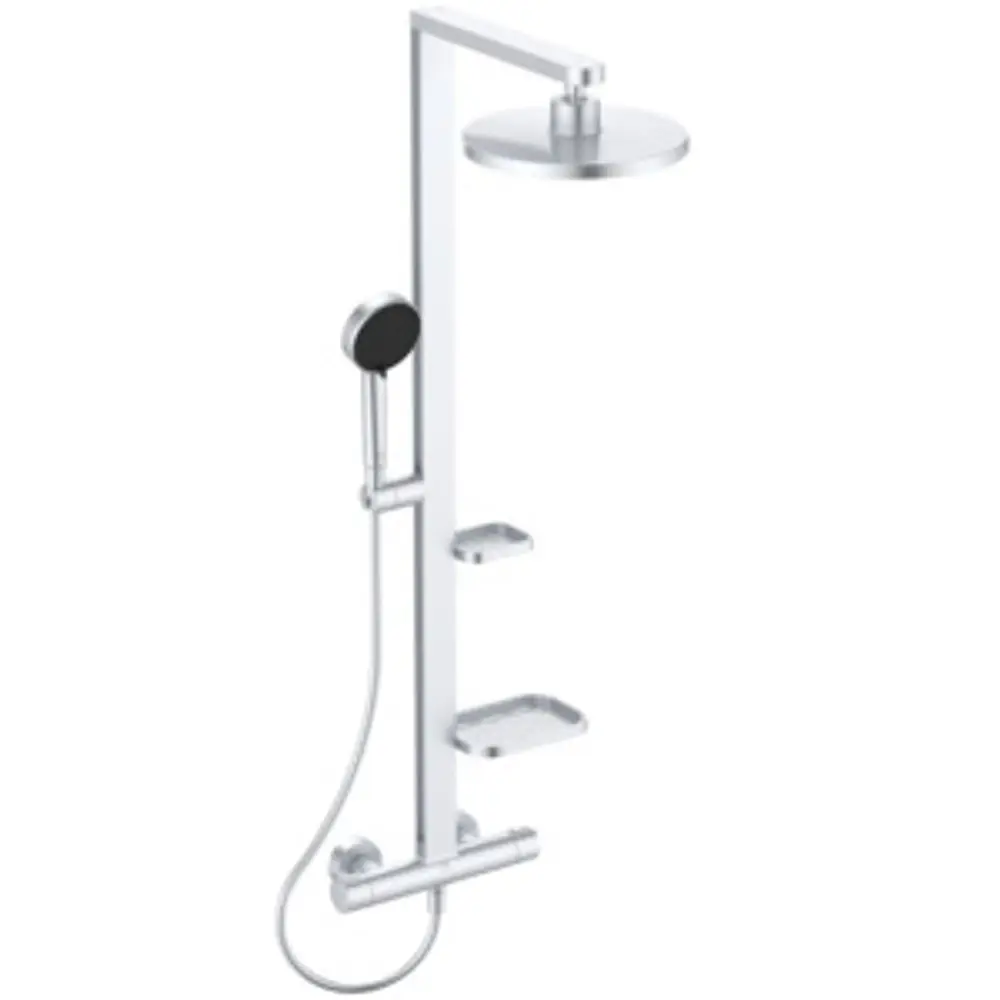 Duschsystem von Ideal Standard in Silber, ausgestattet mit einer Kopfbrause, Handbrause und zwei Ablagen zur Aufbewahrung.